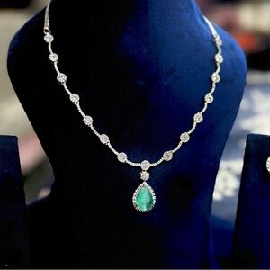 Brand New!Elegant Silver and Green Stoned Necklace set handcrafted with earrings